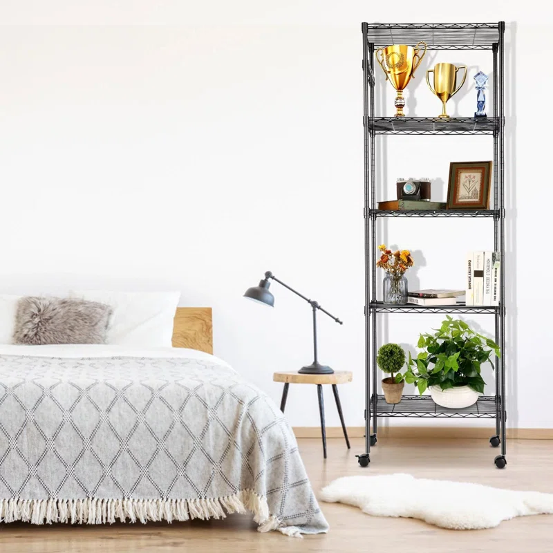 Reasor+71_+H+x+24_+W+x+14_+D+5+Shelves+Shelving+Unit+with+Wheels,+Leveling+Feet,+Side+Hooks,+Black (1)